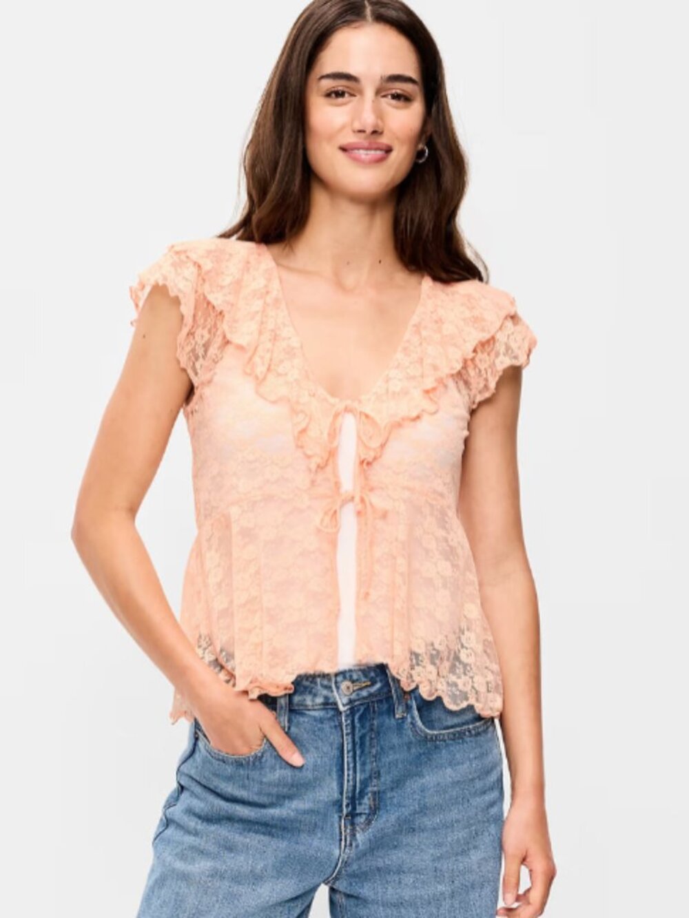 Old Navy Lace Ruffle Top Peach Blush V-Neck XL